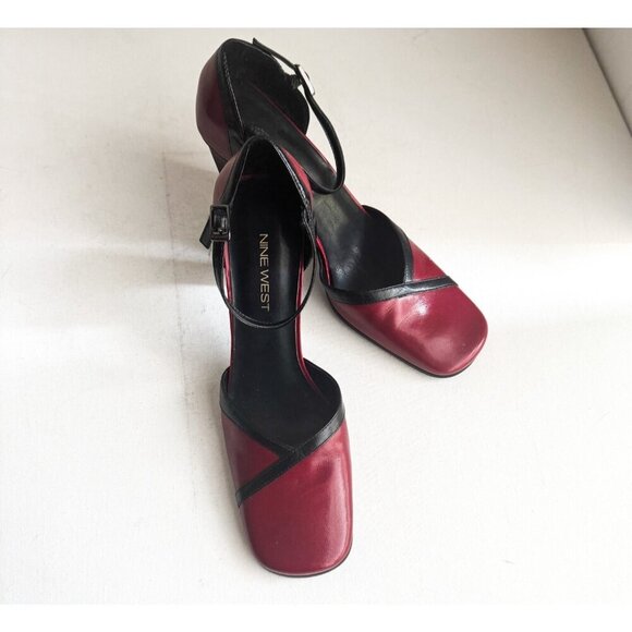 Vintage y2k Red Black Square Toe Leather Heels 8 - Picture 8 of 11